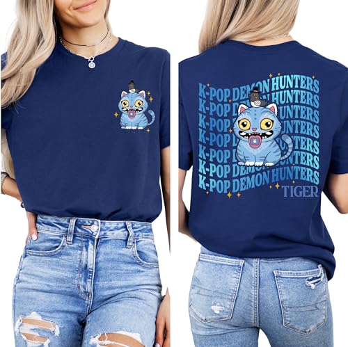 Demon Pop Hunters Movie T-Shirt, Korean Fantasy Animation Film Graphic Tee, Korean Pop Music Idol Inspired Shirt, Concert Outfit T-Shirt (NAVY, YOUTH LARGE)