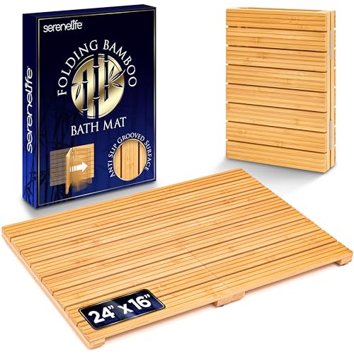 SereneLife Foldable Bamboo Bath and Shower Mat, Non-Slip Floor Mat