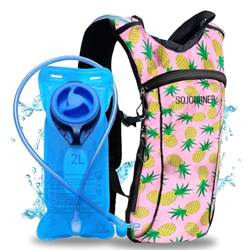 SOJOURNER Rave Hydration Pack Backpack - 2L Water Bladder Included for Festivals, Raves, Hiking, Biking, Climbing, Running and More (Small) (Pineapple)
