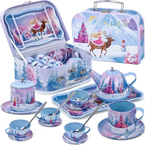Tea Party Sets for Toddlers 3-5 PRE-WORLD Princess Tea Time Toy with Tray Teapot Tea Cups Cream Pitcher Sugar Bowl Coasters PlatesKids Kitchen Pretend Play for Girls Boys Age 3 4 5 6