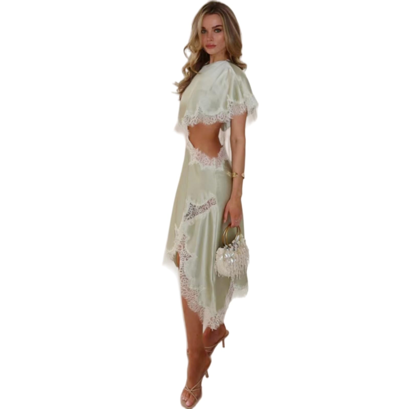 Vestito Donna Estate Raso Pizzo Abito Asimmetrico Midi O Collo Batwing Manica Elegante Party Outfit-Light Green-XS