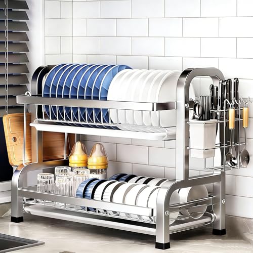 YLJHDD Dish Drying Rack 2-Tier Stainless Steel Dish Drainer Rack Space Saving Dish Rack for Kitchen Counter with Cutlery Holder Removable Drip Tray(Medium Size)