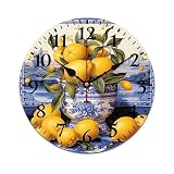 HighonHi Wall Clocks Mediterranean Lemon On Blue Ceramic Tiles Round Decorative Clock Battery Operated Silent Summer Fruit Wall Clock 16 Inch Home Office School Gift for Friends Family