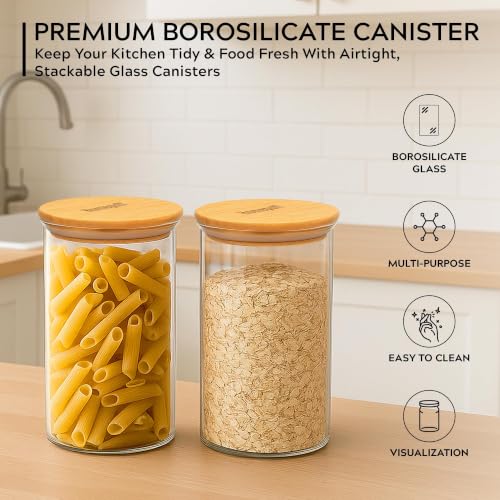 Image of Home Puff Glass Canisters for Snacks, 750ml Borosilicate Glass Jars with Airtight Bamboo Lids, Leak-Proof Kitchen Storage Containers for Namkeen, Makhana & Dry Snacks - Pack of 6