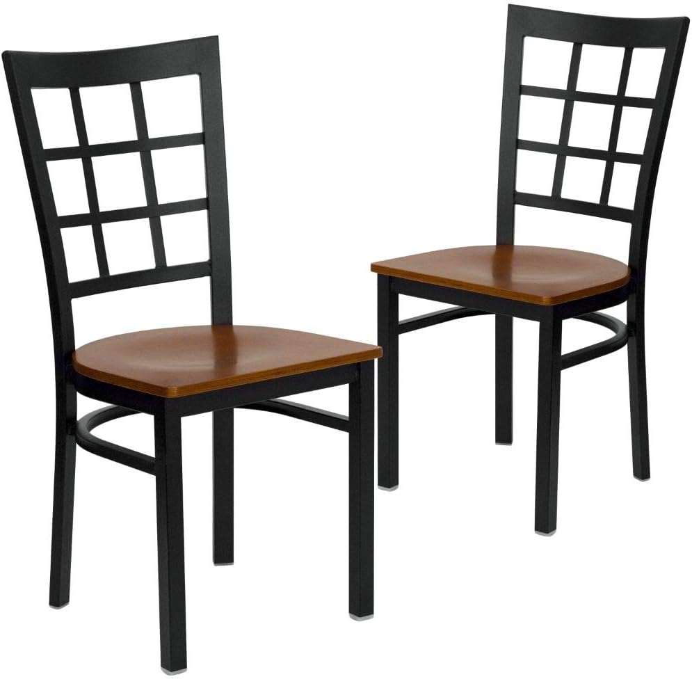 Flash Furniture HERCULES Series Black Window Back Metal Restaurant Chair - Cherry Wood Seat