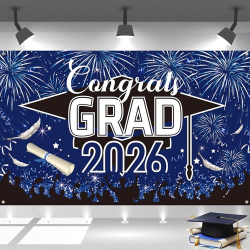 Image of Graduation Banner, Graduation Decorations 2026, Blue Black Banner Graduation, Large Blue Graduations Sign Backdrop, Class of 2026 Congrats Grad Party Decor for Door Porch Sign Indoor Outdoor 180*110cm