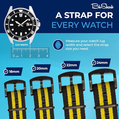 Image of BluShark - Original Collection Military-Style Waterproof Watch Strap, Fits All Timepiece Brands, Durable Nylon Wristwatch Accessories with Stainless Steel Buckle - 18mm, 20mm, 22mm & 24mm Watch Bands