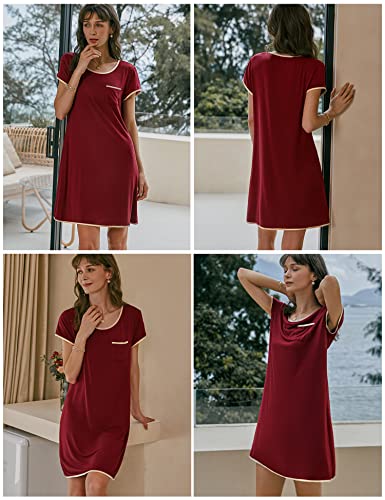 Image of Ekouaer Womens Nightgown Sleep Shirt Dress Satin Patchwork Short Sleeve Sleepwear with Pocket