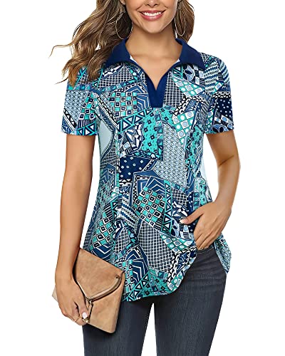 Valolia Blouses For Women Casual Womens Shirts Work Blouses For Women Office V Neck Collared Tunic Blouse Short Sleeve Business Top Fashion 2023 Shirts And Blouse For Work Blue Green Floral Large #TOP6
