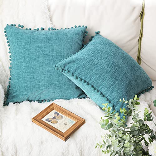 CaliTime Pillow Cases Pack of 2 Cozy Solid Dyed Soft Chenille Cushion Covers with Pom Poms for Couch Sofa Home Decoration 55cm x 55cm Teal - Image 2