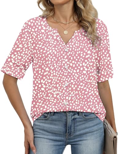 Image of OFEEFAN Button Down Shirts for Women 3 /4 Length Sleeve Tops V Neck Blouses Business Casual Outfits Loose Fit