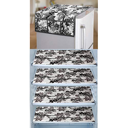 Image of Polyester 3-Layered Fridge Top Cover /Refrigerator Cover with Utility Pockets and Set of 4 Pc Fridge Mats (Color- Floral Black, Size-39x21 Inches)