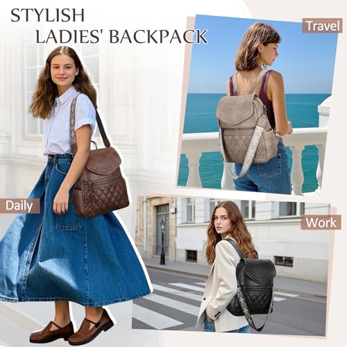 Kasqo Backpack Purse for Women,PU Leather Fashion Flap Quilted Backpack Ladies Handbag Convertible Shoulder Bag for Work Travel College with Guitar Strap Khaki by Kasqo - Used condition - Image 6