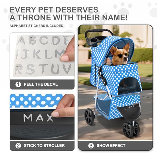 Image of MoNiBloom 3 Wheels Pet Dog Cat Stroller for Small Medium Dogs Cats, Foldable Jogger Stroller w /Storage Basket and Cup Holder, Sky Blue Polka Dots
