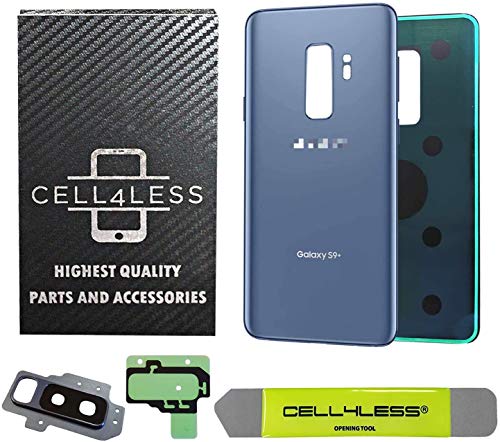 CELL4LESS Compatible Back Glass Cover Back Battery Door w/Pre-Installed Adhesive-Removal Tool- Camera Lens for Samsung Galaxy S9+ Plus - All Models G965 All Carriers- 2 Logo OEM Replacement (Blue)