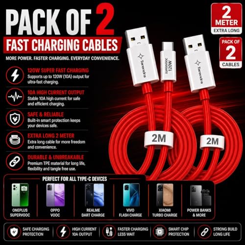Image of Pack of 2 120W 10A USB to Type C Fast Charging Cable 2 Meter | Unbreakable TPE SuperVOOC Data Cable | Fast Charge & Data Sync for OnePlus Oppo Realme Vivo Xiaomi Samsung Type C Devices