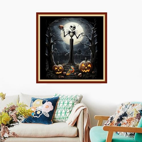 Image of Foxdiviy Stamped Cross Stitch Kits Full Range of Embroidery Needlework Starter Kits for Beginners Adults 11CT Embroidery Patterns Art Crafts DIY Needlepoint Kits-Skull Moon 18x18 inch