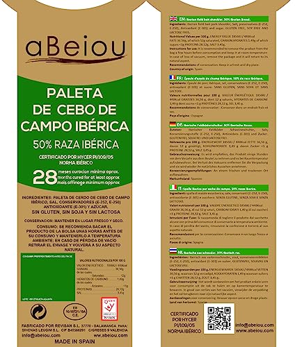 aBeiou. Iberische Feldköderschulter. Ganzes Bein. Iberischer Schinken. Reifezeit +28 Monate in Guijuelo (Spanien). Hycer Garantiezertifikat. Gewicht 4’5 bis 5 kg. Paleta iberica cebo campo. Patanegra.