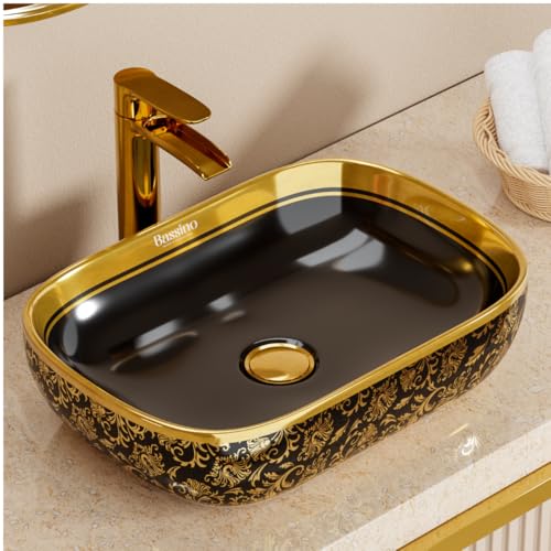 Image of BASSINO 18x13x5.5 Inches Table Top Washbasin /1 Year Warranty /Ceramic Wash Basin for Bathroom /Rectangular Shape Counter Top Wash Basin for Dining Hall /Living Room /Vessel Sink(Glossy Black & Gold)