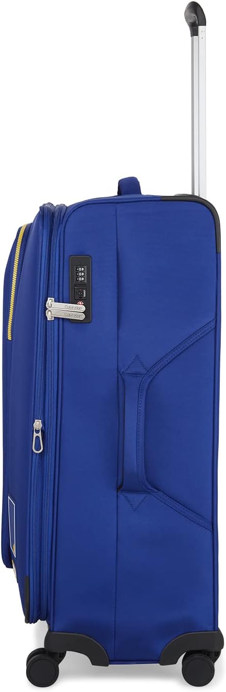 옆 view 텔레스코픽 손잡이가 펼쳐진 캘빈 클라인 스쿠버 레인지 여행 가방의 모습입니다.