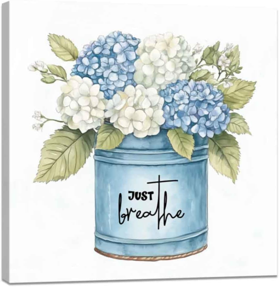 ZQQART Hydrangea Wall Art Blue White Floral Canvas Prints Rustic Farmhouse Flower Picture Wall Decor for Bedroom Home Framed(Green,12.00" x 12.00")