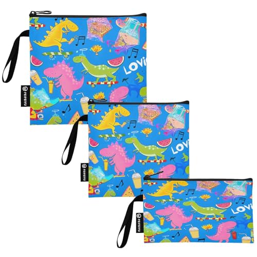 Bolsas de botanas reutilizables de color azul con diseño de dinosaurios de dibujos animados, con cierre, ecológica, lavable para niños y adultos (paquete de 3: S/M/L)
