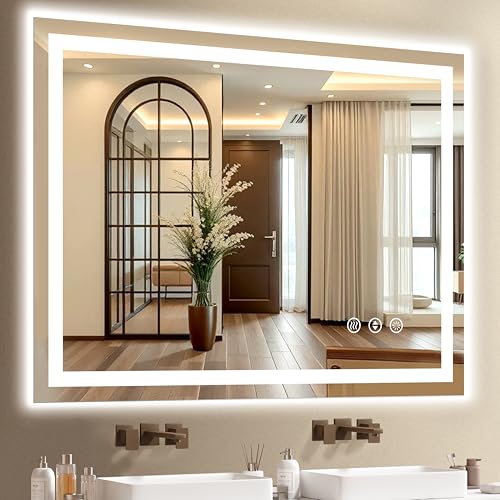 Image of 40x30 LED Bathroom Mirror with Lights - Dimmable, Anti-Fog, 3 Color Backlit & Front Lit Mirror for Bathroom, Shatter-Proof Tempered Glass, Easy Installation