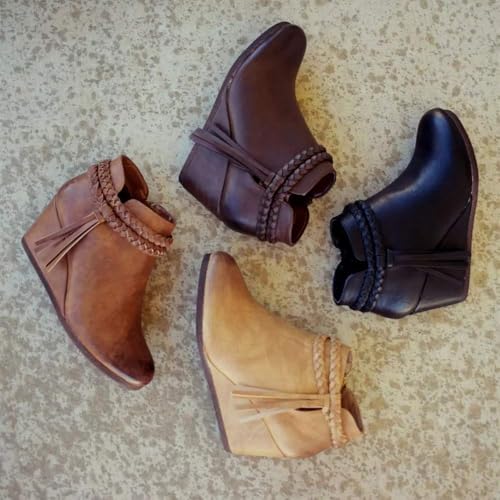 Image of Fashare Womens Wedge Ankle Boots Braided Fringe Strap Western Heeled Fall Booties Dress Shoes