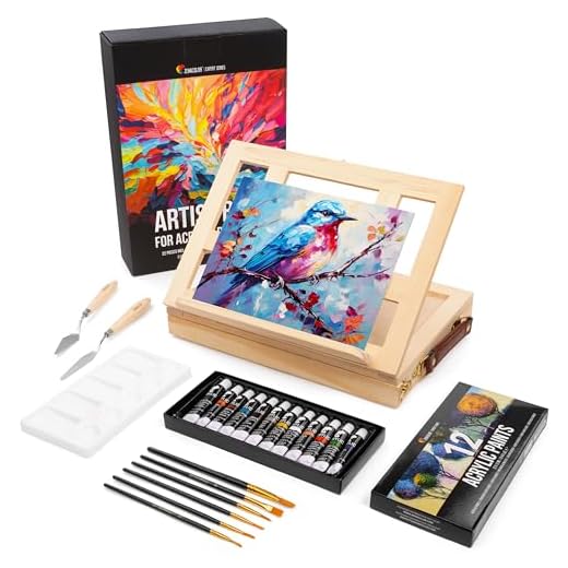 Caballete Pintura con 22 piezas - 12 Tubos de Pintura Acrílica, 6 Pinceles de Pintura, Lienzo de Pintura, 2 Espátulas y Paleta de Pintura