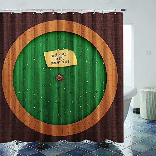 Hobbit Shower Curtain Green Hobbit Living Cabin Door Shower Curtain with Hooks Welcome to The Hobbit Hole Bathroom Curtain Sets Lord of The Rings Bathroom Decoration 70Ã—70Inches