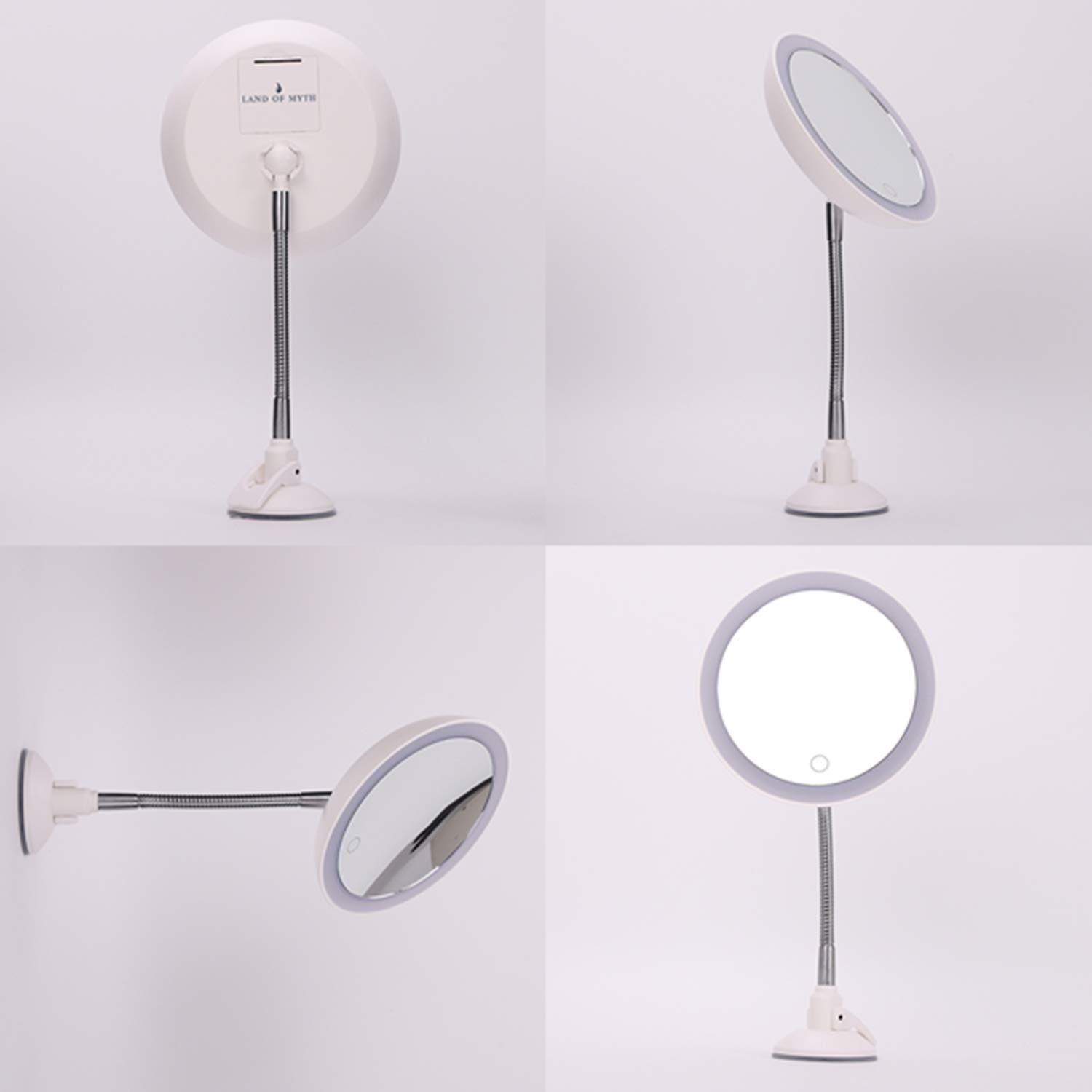 LAND OF MYTH - Şerit LED Işıklı Banyo Makyaj-Tıraş Aynası, 10X HD Büyütme, Esnek, Dokunmatik Işık Kısma, Ayarlanabilir Kol