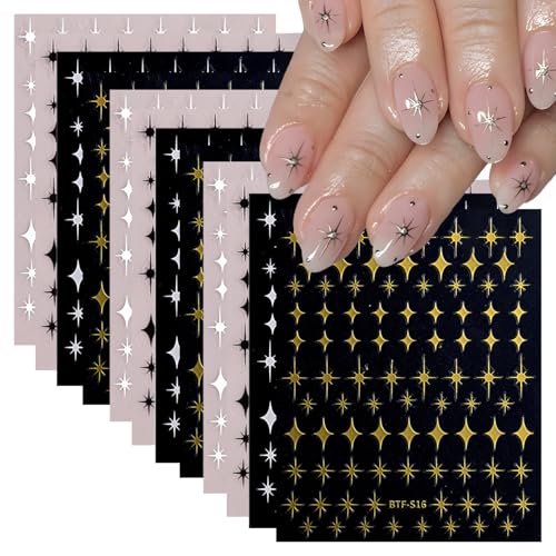 12 Sheet Star Nail Stickers 3D Self-Adhesive Decals for Nail Art - Black, White, Silver, Gold