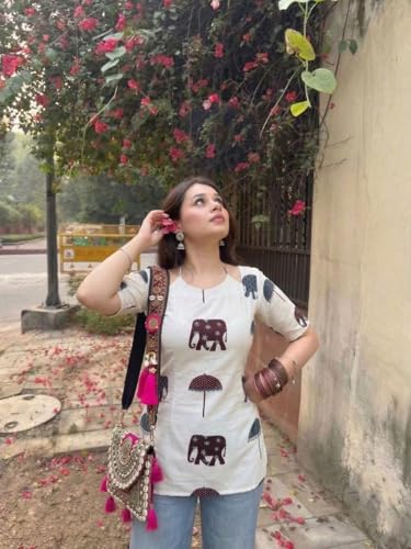 Image of ANNI Designer Women's Viscose Blend Printed Short Kurti | Straight Fit Casual Ethnic Top | Square Neck 3 /4 Sleeve Kurta Office College