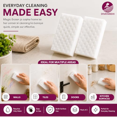 Image of Divayanshi Magic Eraser Sponge Pack of 2 | Powerful Stain Remover with Just Water | No Scratch Multi-Surface Cleaning Sponge for Kitchen, Bathroom, Walls, Shoes & Switchboards