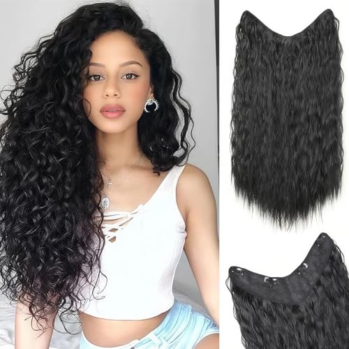 HEVAYO KISS Hair Extension Curly 20 Inch Natural Black Clip in Hair Extensions 4 Secure Clips V-Shaped Soft One Piece Synthetic Hairpieces for Women
