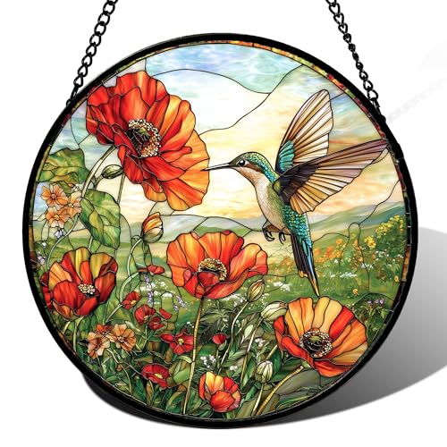 Image of DASTOLL Stained Glass Window Hanging, Hummingbirds Orange Flowers Suncatcher Diamond Glass Panel Hangings Sun Catchers Decor for Birthday for Women, Men, Wife, Aunt, and Mom 14.9 in