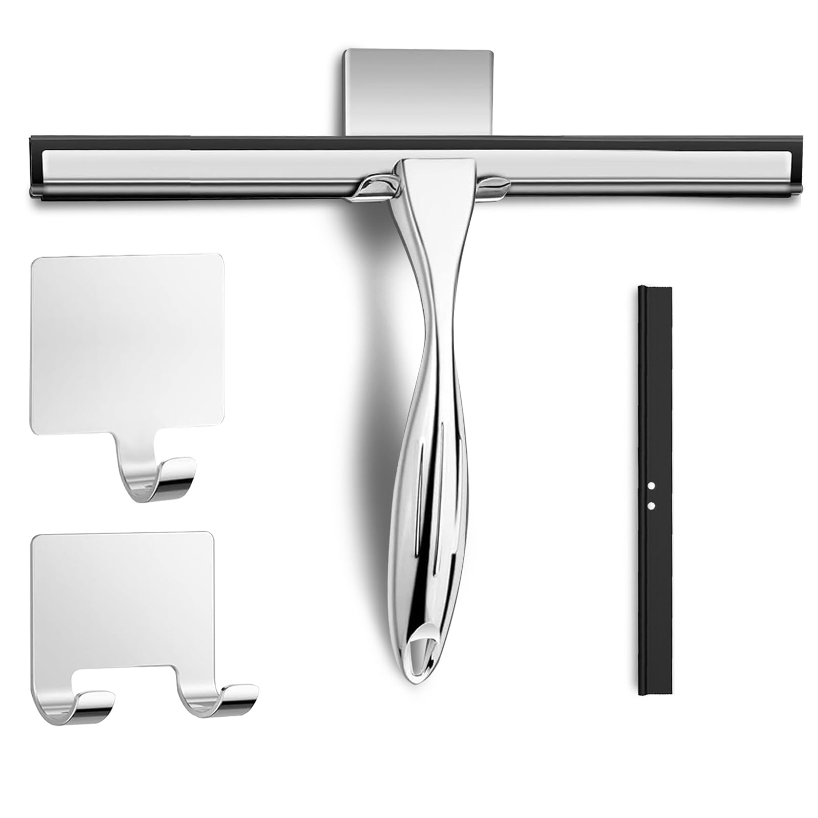 COFTCLMOMT 25CM Edelstahl Duschabzieher Mit Selbstklebe Haken & Ersatzklingen, Silber Abzieher Dusche, rutschfest Kurzer Handgriff Glaswischer, Glas Wasserschieber, Duschwand Abzieher, Badwischer