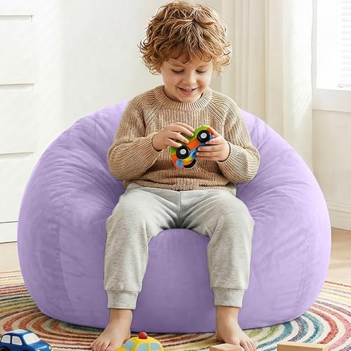Image of Stuffed Animal Storage Bean Bag Chair Cover for Kids (No Filler), Soft Comfy Velvet Beanbag Chair Cover Machine Washable, Kids Bean Bag Chair with Handle for Living Room Bedroom Dorm, Purple