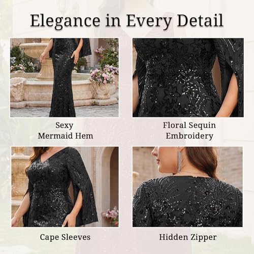 Image of Plus Size Formal Dresses for Women with Embroidery Sequin and Cape Sleeve, V-Neck Maxi Dress for Wedding and Party