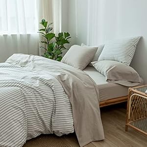 MooMee Bedding Sheet Set 100% Washed Cotton Linen Like Textured Breathable Durable Soft Comfy (Cream Grey, Queen)