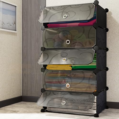 Image of AYSIS Almirah for Clothes,Plastic Soft Sheet Collapsible Wardrobe for Clothes for Kids Clothes /Toy /Book, Baby Cupboard for Clothes Storage in Bedroom, Almirah for Living Room (Black, 5-Shelf-5-Door)