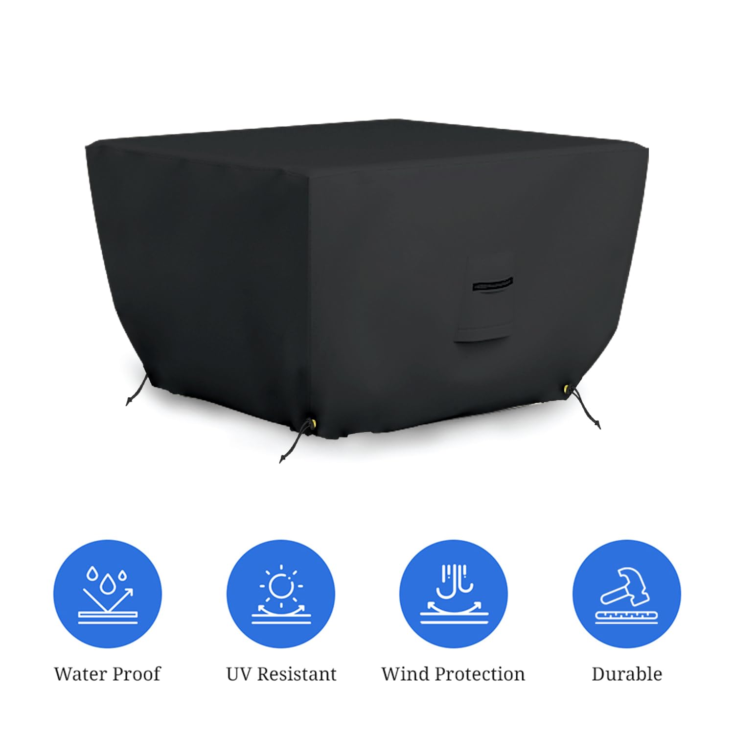 Pokrowce na zewnątrz Fire Pit - wodoodporne, 100% odporne na promieniowanie UV kwadratowa osłona na ognisko, 500 ml tkanina PVC z kieszeniami powietrznymi i sznurkiem do dopasowania, aby wytrzymać wiatr i burze. 90 cm dł. x 90 cm szer. x 36 cm wys., czarn