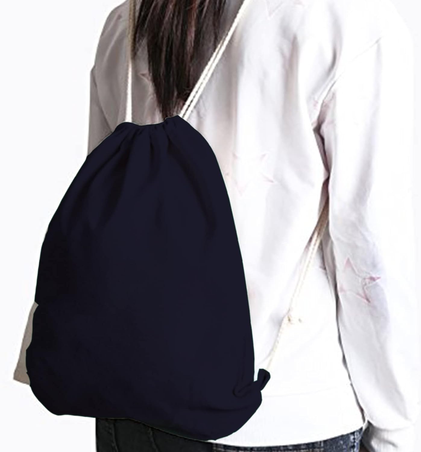 2-pack Cotton Canvas Drawstring Backpack Bag Gym Sackpack String Sack Pack Bags, 13.3 x 15.7 inches, Blue - Image 3