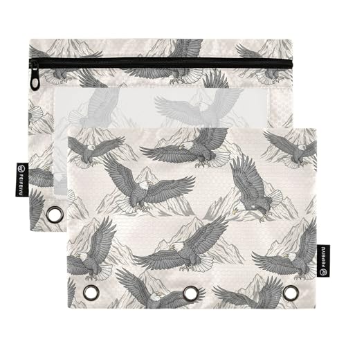 FFYHO 2 Packs Pencil Case with Zipper Clear Window,Eagle Mountain Flight Vintage Binder Pencil Pouch 3 Ring Water Resistance,Sturdy Pouches Cases Binder Cosmetic Bags for Office Organizers Artist