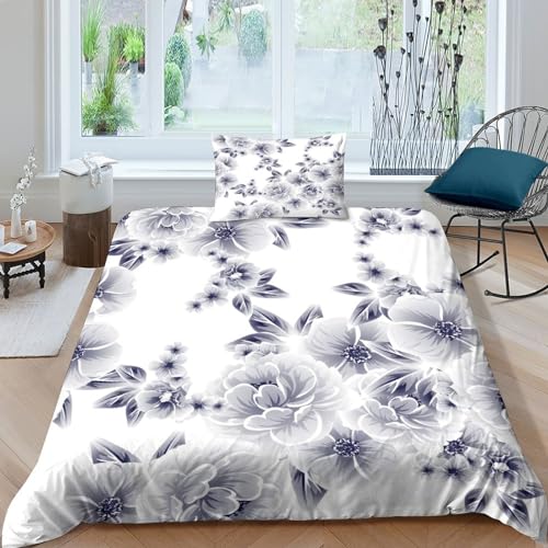 OJBKOBACC Eleganzmuster mit Blumen Fantastisches Bettwäsche Set 3D Print Aus Microfaser Für Jugendherberge,Bettbezug Mit Reißverschluss Und Kissenbezug, Single（135x200cm）