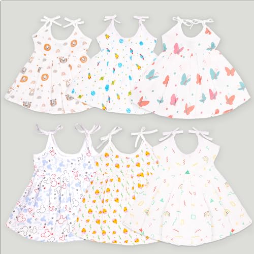 Image of Kidbea Extra Soft Muslin Cotton Frock Cloth for Baby Girl | Packof 6 | Mickey, Tiger, Space, Rainbow, Butterfly and Cute Chick Print Pack of 6 for 0 to 3 Months