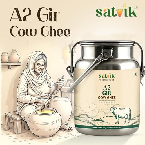 Image of Satvik A2 Gir Cow Ghee 5 Litre with (Stainless Steel Dolchi) | Churned from Vedic Bilona Method Pure A2 Cow Desi Ghee | Rich in A2 Beta Casein Protein & Vitamin A, D, E, K | Helps Improve Digestion