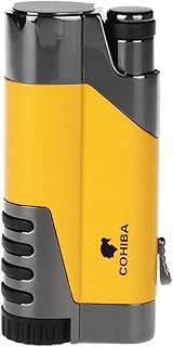 Weicheng weicheng Windproof Cigar Lighter Single Torch Metal Gas Cigarette Butane Lighter Jet Blue Flame Refillable Lighter with Punch for Cigar Cooking BBQ (Yellow)