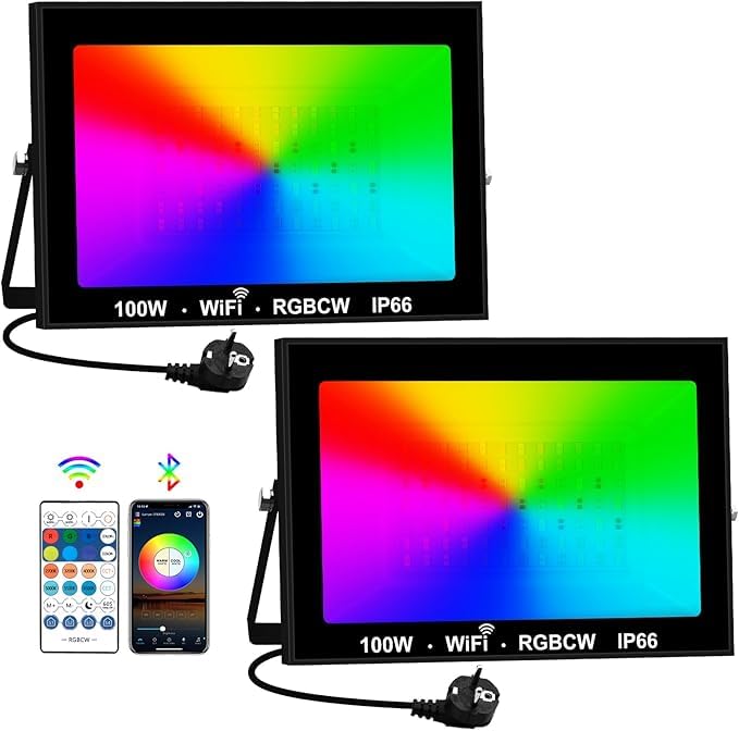 Faretto LED RGB Esterno WIFI, T-SUNUS 100W Proiettore LED RGB con Telecomando e APP Bluetooth, IP66 Impermeabile Dimmerabile per Giardino Pasqua Partito Halloween 2 Pezzi