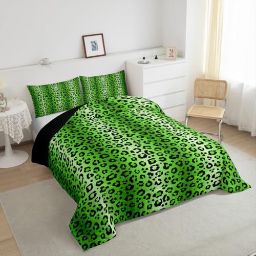 Image of Feelyou Full Leopard Bedding Set Green and Black Comforter Set for Teens Cheetah Stripes Print Comforter Safari Animal Fur Print Duvet Set Adult Microfiber Bed Set